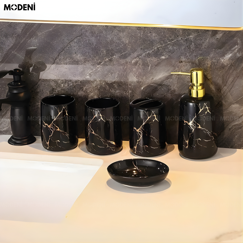 Set Đồ Dùng Nhà Tắm Stella Marquina Gốm Sứ Phối Thủy Tinh Họa Tiết Vàng Cẩm Thạch Phòng Tắm – Bàn Lavabo Sang Trọng