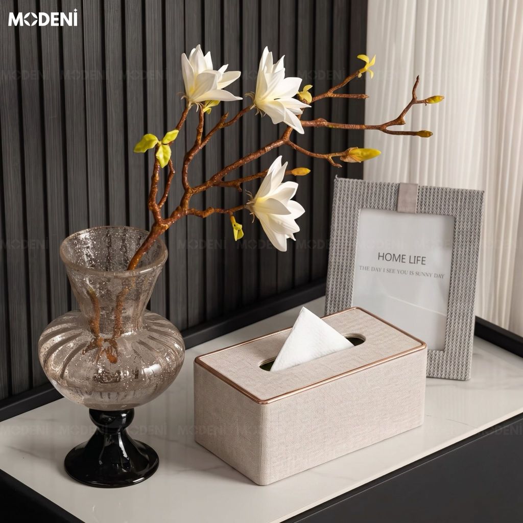 Hộp Khăn Giấy Modeni Be Nhạt Vải Lanh Cao Cấp Viền Vàng Hồng Japandi Tối Giản Sang Trọng Cho Phòng Ngủ Và Văn Phòng