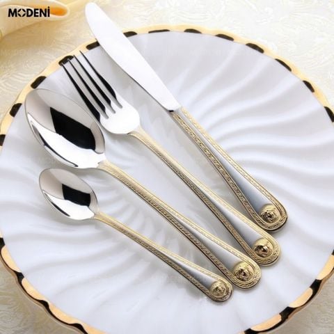 Bản vẽ chi tiết kích thước 4 món bộ dao muỗng nĩa Versailles inox 304 bạc viền vàng cao cấp.