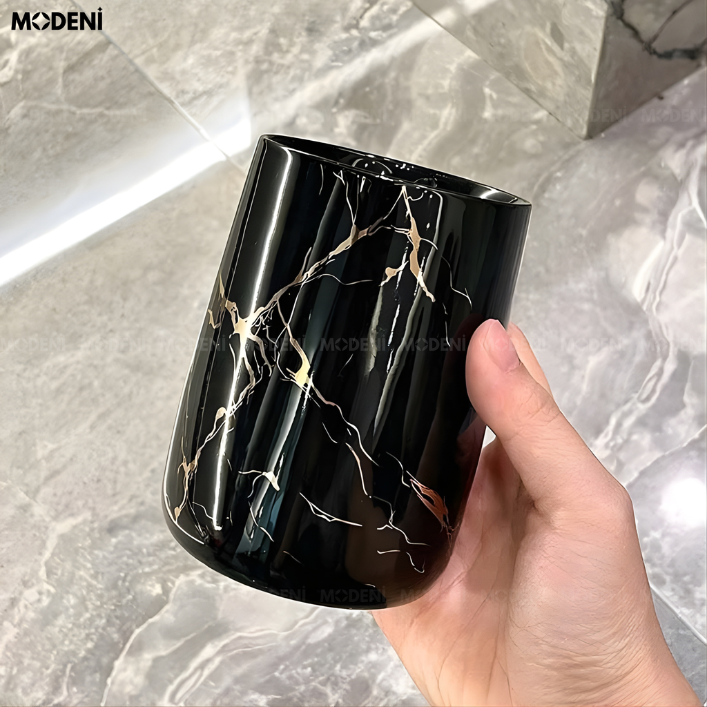 Set Đồ Dùng Nhà Tắm Stella Marquina Gốm Sứ Phối Thủy Tinh Họa Tiết Vàng Cẩm Thạch Phòng Tắm – Bàn Lavabo Sang Trọng