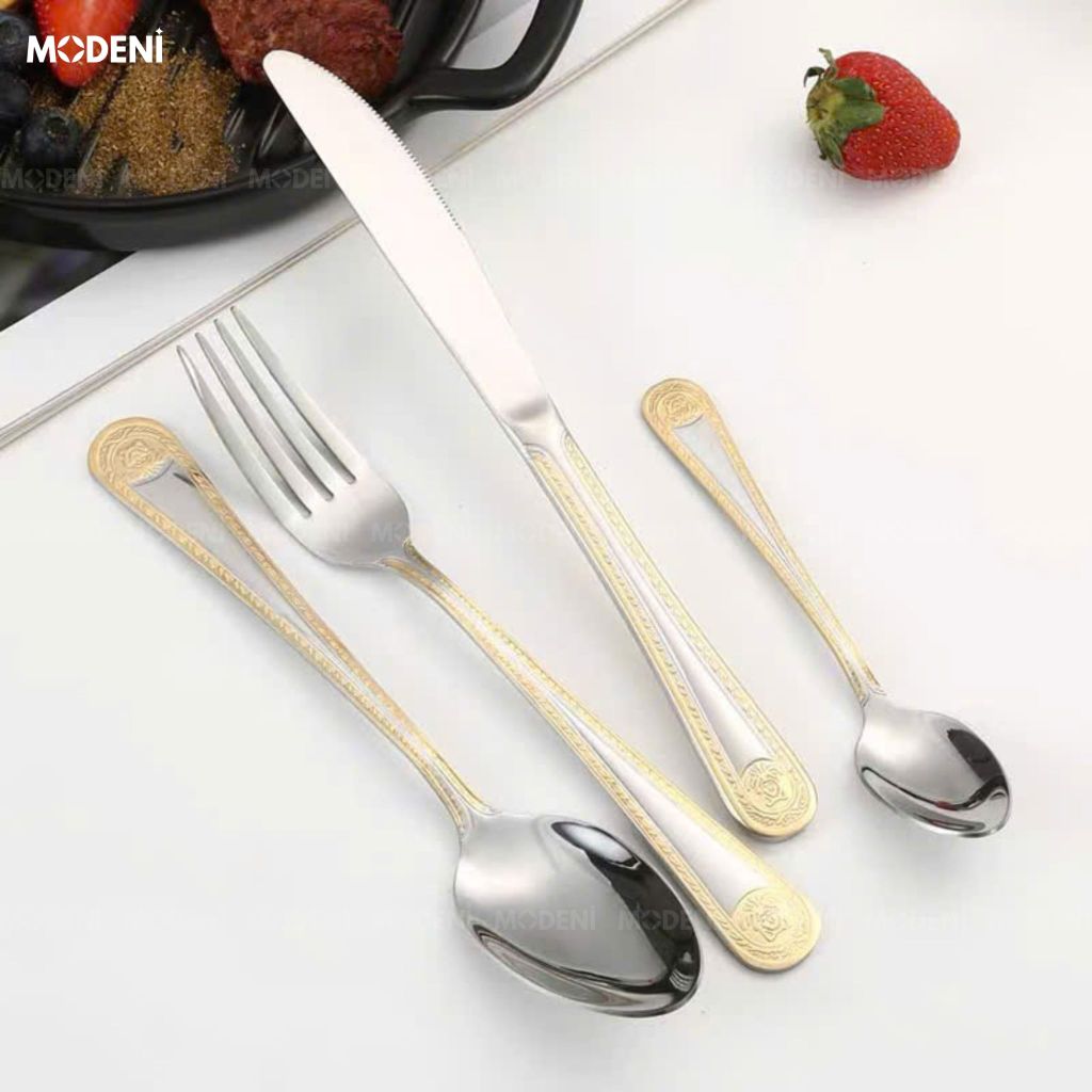 Bộ Dao Muỗng Nĩa Versailles Inox 304 Phong Cách Tân Cổ Điển Sang Trọng Bạc Viền Vàng Khắc Nổi Cho Bàn Tiệc