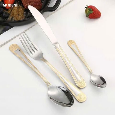 Bản vẽ chi tiết kích thước 4 món bộ dao muỗng nĩa Versailles inox 304 bạc viền vàng cao cấp.