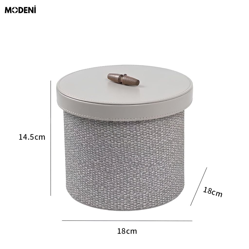 Hộp Đựng Mỹ Phẩm Liora Da PU Xám Phối Vải Dệt Phong Cách Japandi Mộc Mạc Nắp Đậy Khuy Gỗ Chống Bụi Cho Bàn Trang Điểm