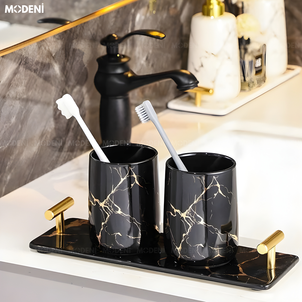 Set Đồ Dùng Nhà Tắm Stella Marquina Gốm Sứ Phối Thủy Tinh Họa Tiết Vàng Cẩm Thạch Phòng Tắm – Bàn Lavabo Sang Trọng