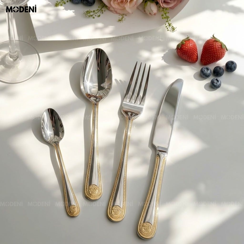 Bộ Dao Muỗng Nĩa Versailles Inox 304 Phong Cách Tân Cổ Điển Sang Trọng Bạc Viền Vàng Khắc Nổi Cho Bàn Tiệc
