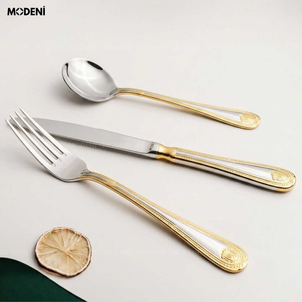 Bộ Dao Muỗng Nĩa Versailles Inox 304 Phong Cách Tân Cổ Điển Sang Trọng Bạc Viền Vàng Khắc Nổi Cho Bàn Tiệc