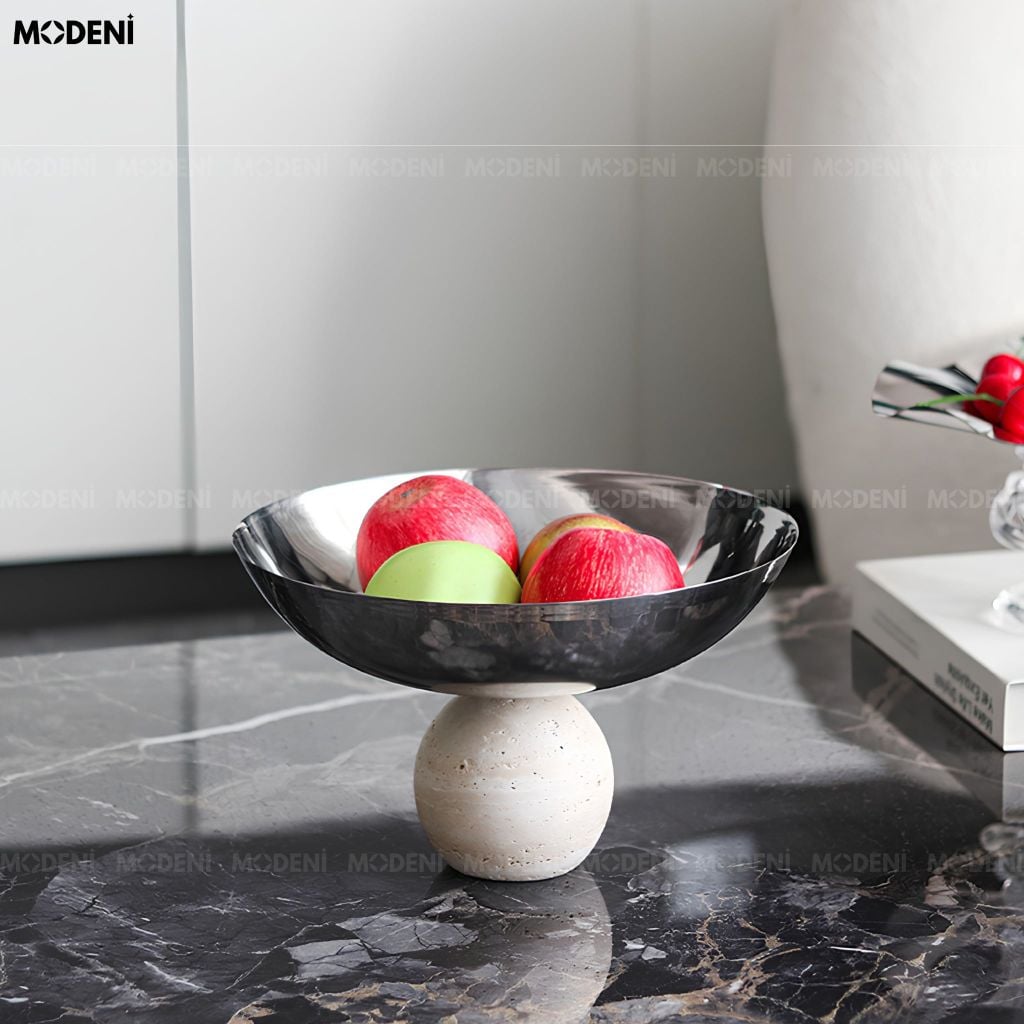 Tô Trái Cây Orbi Thép Không Gỉ Đế Khối Cầu Composite Trắng Bạc Phong Cách Hiện Đại