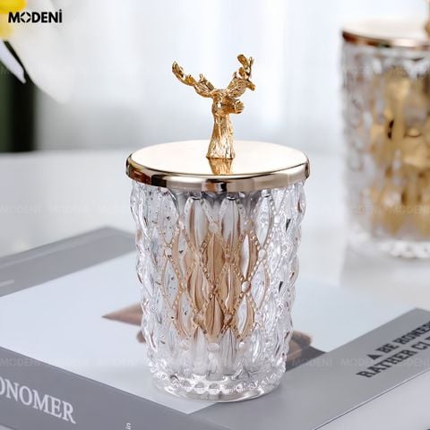  Lọ Đựng Kẹo Thuỷ Tinh Patronus Cao Cấp – Nắp Tuần Lộc Mạ Vàng, Sang Trọng, Dùng Decor & Bàn Tiệc 