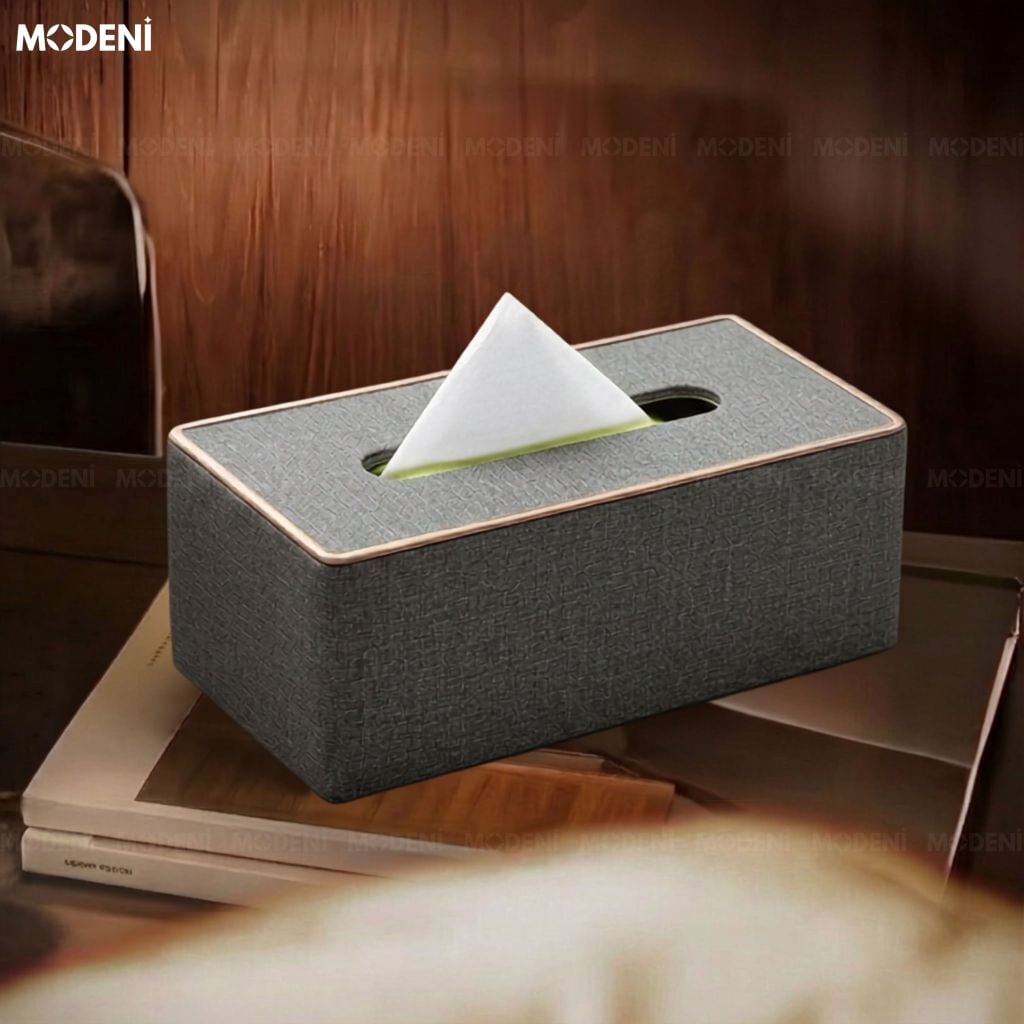 Hộp Khăn Giấy Modeni Xám Tro Vải Lanh Cao Cấp Phối Viền Vàng Hồng Tinh Tế Cho Phòng Ngủ Và Văn Phòng