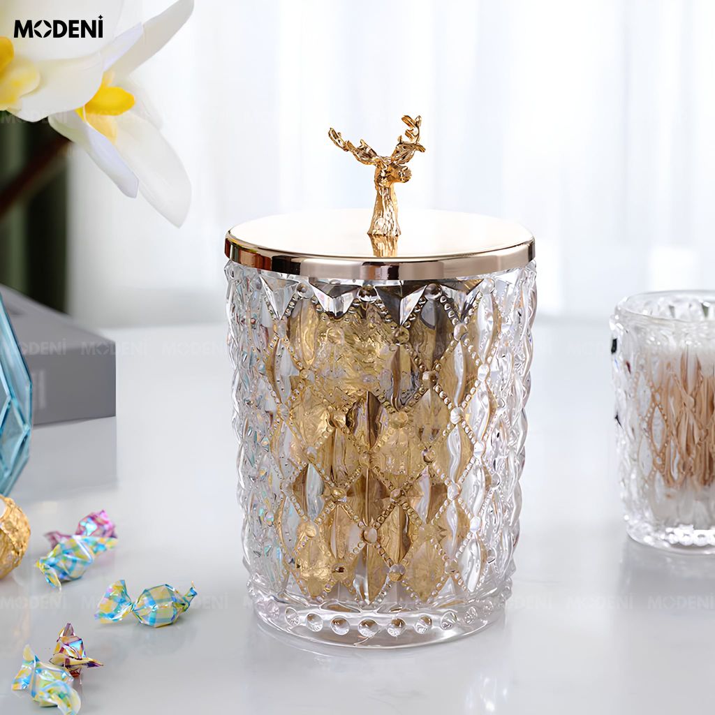 Lọ Đựng Kẹo Thuỷ Tinh Patronus Cao Cấp – Nắp Tuần Lộc Mạ Vàng, Sang Trọng, Dùng Decor & Bàn Tiệc