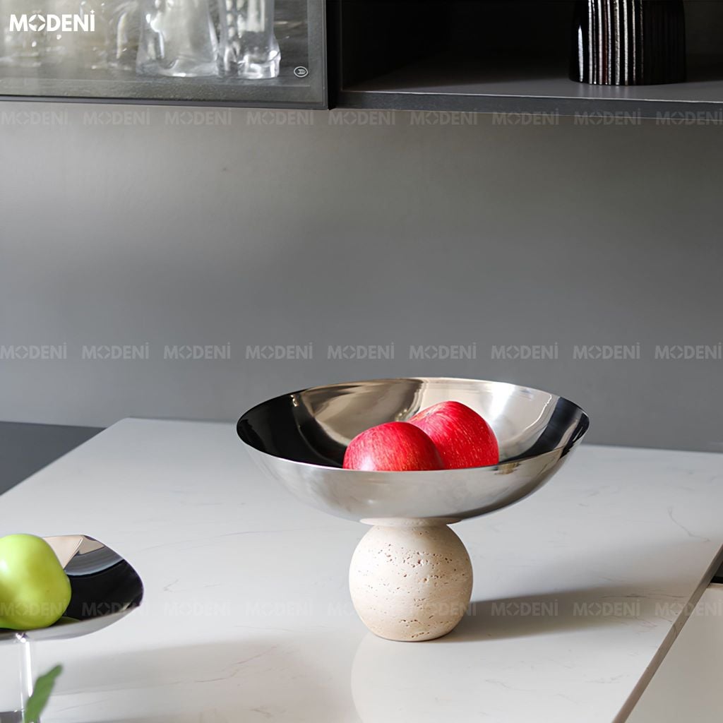 Tô Trái Cây Orbi Thép Không Gỉ Đế Khối Cầu Composite Trắng Bạc Phong Cách Hiện Đại