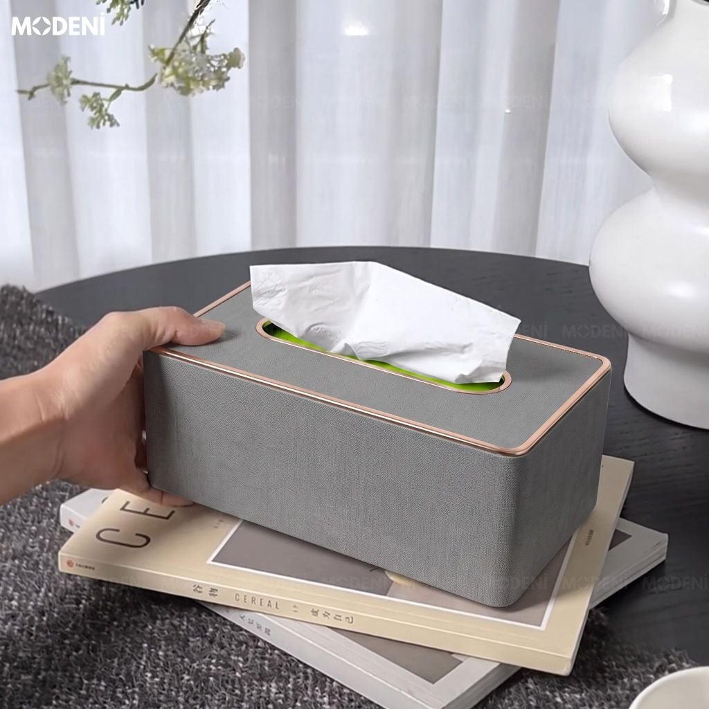 Hộp Khăn Giấy Modeni Xám Tro Vải Lanh Cao Cấp Phối Viền Vàng Hồng Tinh Tế Cho Phòng Ngủ Và Văn Phòng