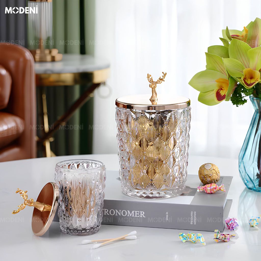 Lọ Đựng Kẹo Thuỷ Tinh Patronus Cao Cấp – Nắp Tuần Lộc Mạ Vàng, Sang Trọng, Dùng Decor & Bàn Tiệc