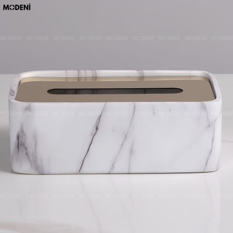 Góc nhìn chính diện hộp khăn giấy composite vân đá trắng với nắp đậy lõm màu vàng đồng sang trọng.
