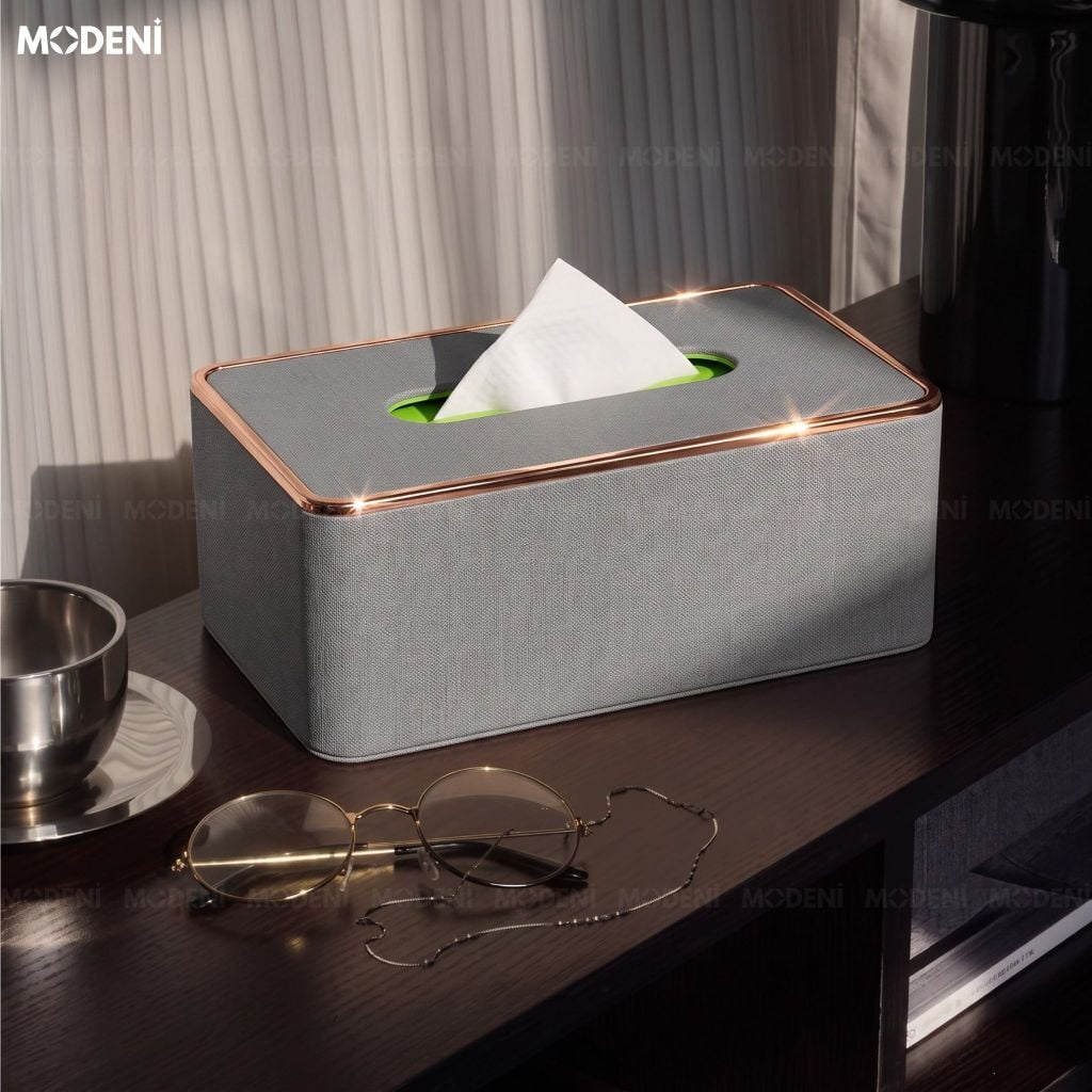 Hộp Khăn Giấy Modeni Xám Tro Vải Lanh Cao Cấp Phối Viền Vàng Hồng Tinh Tế Cho Phòng Ngủ Và Văn Phòng