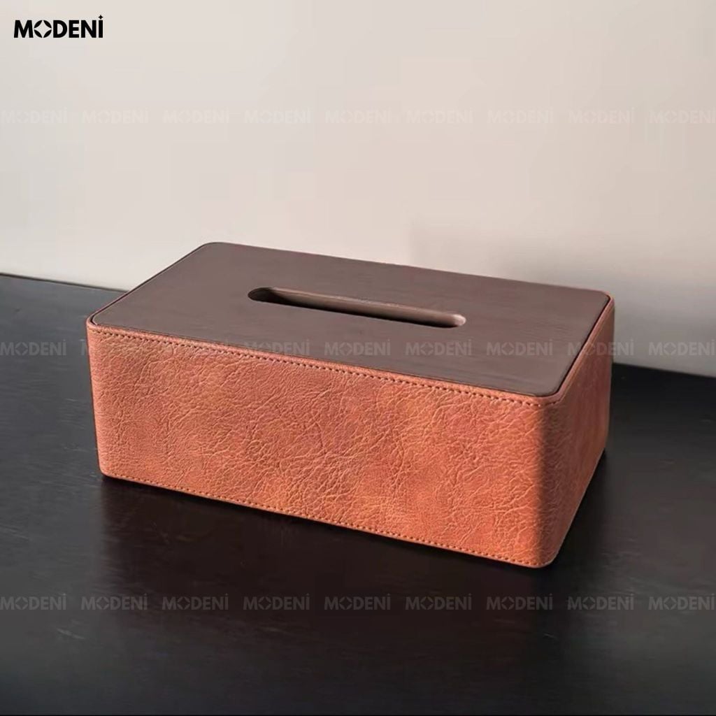 Hộp Khăn Giấy Valiso Da Phối Quai Nâu Dáng Rương Cổ Điển Màu Trắng Giữ Form Cứng Cáp Cho Bàn Trà Phòng Khách