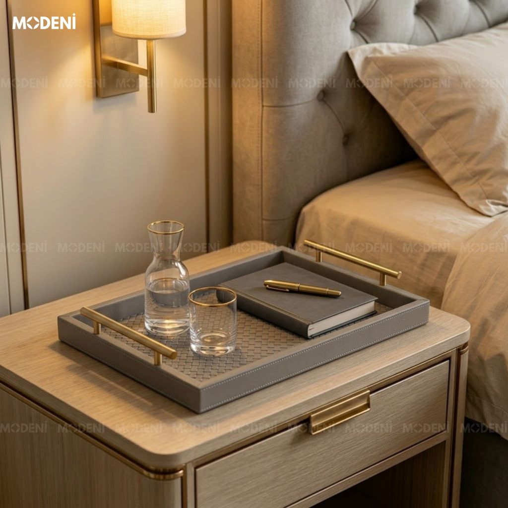 Khay Trang Trí Maroni Xám Bọc Da PU Cao Cấp Tay Cầm Mạ Vàng Sang Trọng Cho Bàn Sofa