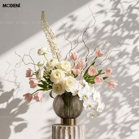  Bình Hoa Orbly Kim Loại Phối Bóng Thủy Tinh Xám Khói Phong Cách Minimalism 