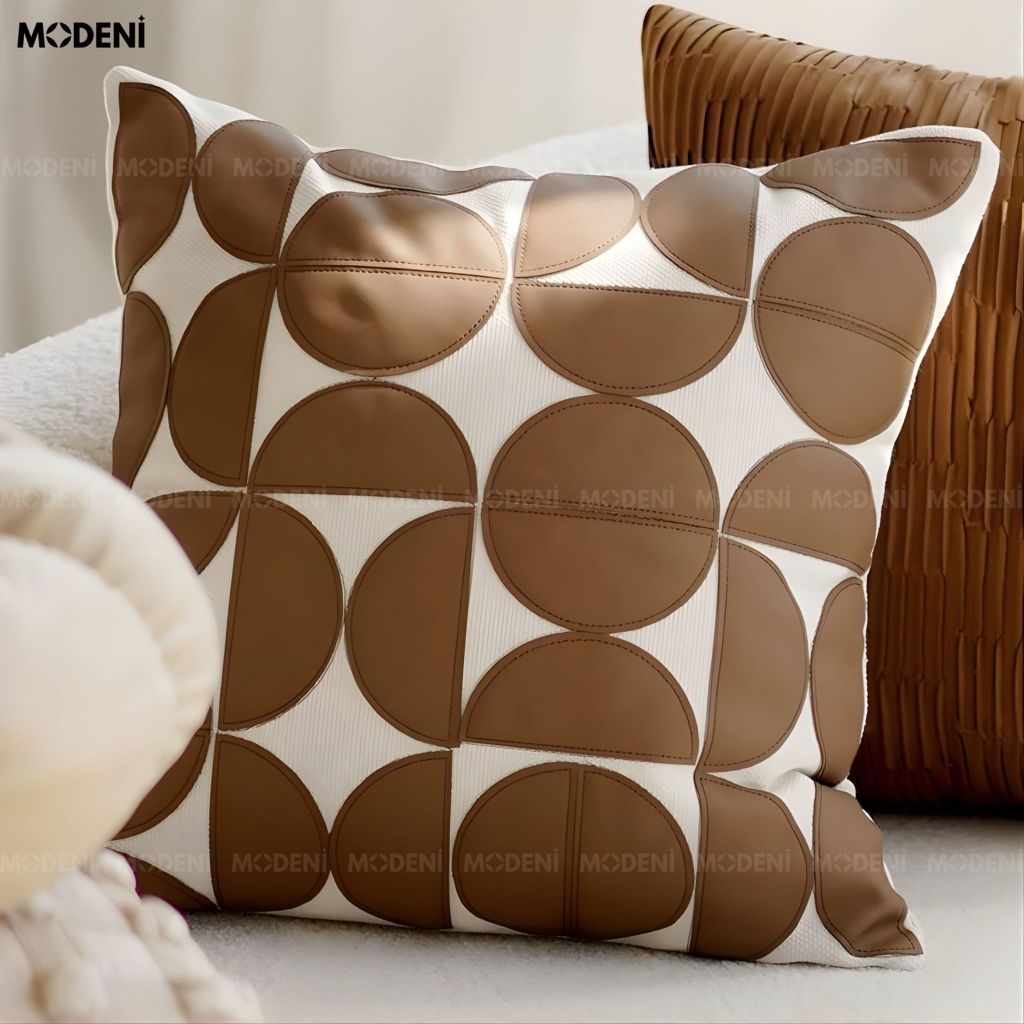 Vỏ Gối Sofa Velo – Da Phối Lanh Họa Tiết Khối Đối Xứng May Bán Nguyệt Phong Cách Funky