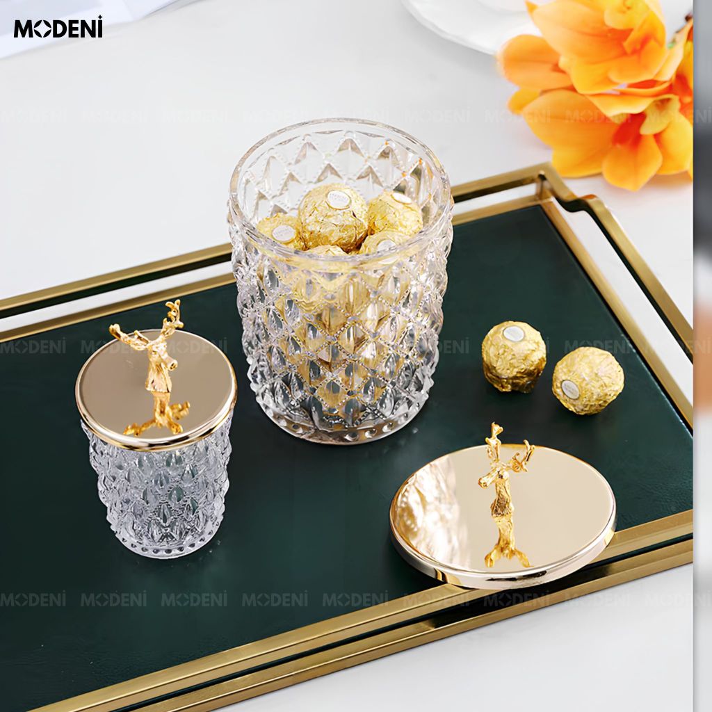Lọ Đựng Kẹo Thuỷ Tinh Patronus Cao Cấp – Nắp Tuần Lộc Mạ Vàng, Sang Trọng, Dùng Decor & Bàn Tiệc