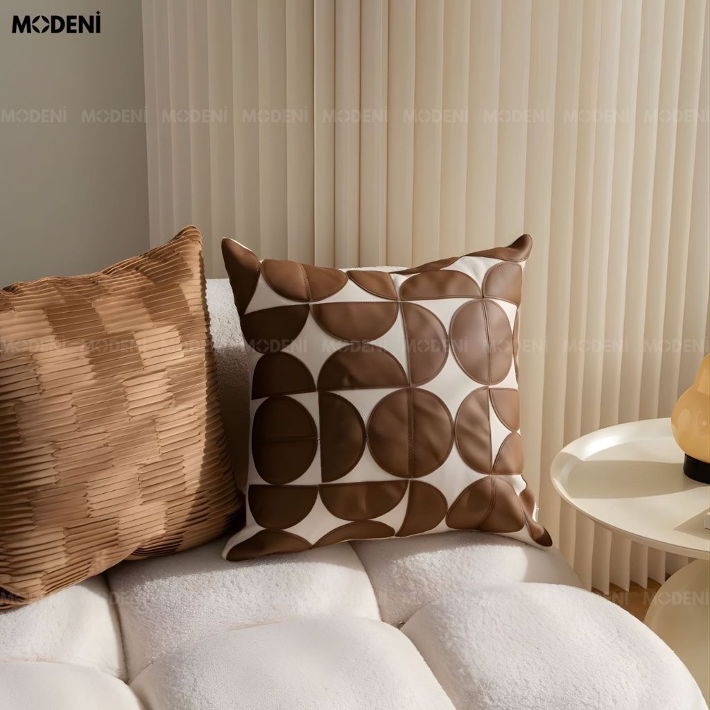 Vỏ Gối Sofa Velo – Da Phối Lanh Họa Tiết Khối Đối Xứng May Bán Nguyệt Phong Cách Funky