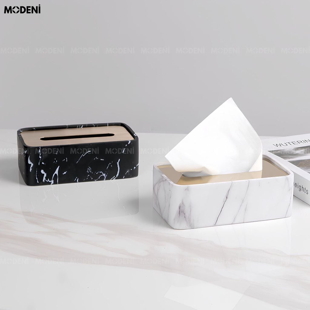 Hộp Khăn Giấy Nero Marquina Composite Vân Đá Trắng Viền Thép Vàng Phong Cách Hiện Đại