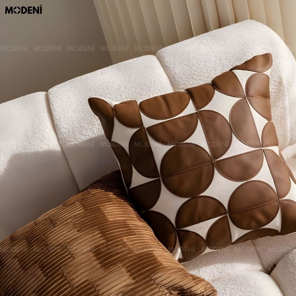 Vỏ Gối Sofa Velo – Da Phối Lanh Họa Tiết Khối Đối Xứng May Bán Nguyệt Phong Cách Funky