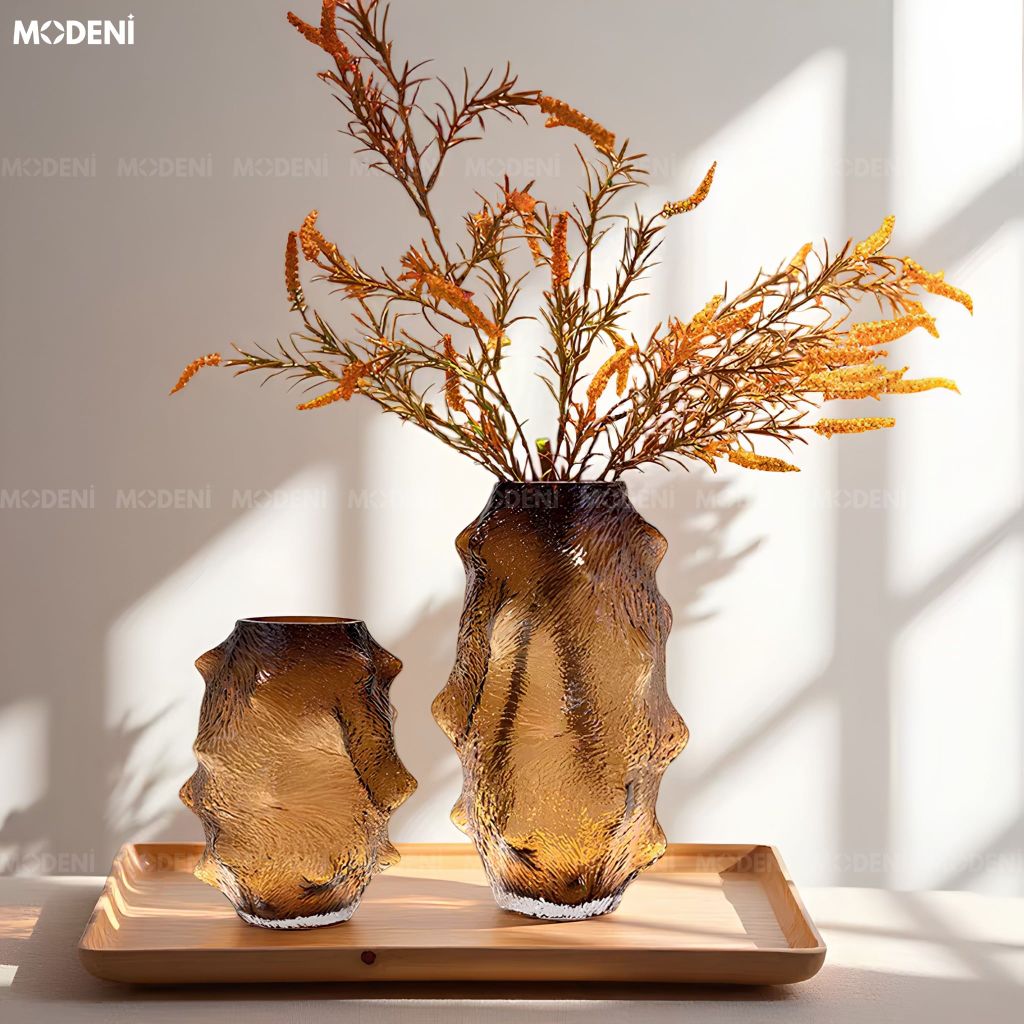 Bình Hoa Amber Rock Thủy Tinh Chế Tác Thủ Công Nâu Hổ Phách Phong Cách Ý Đương Đại