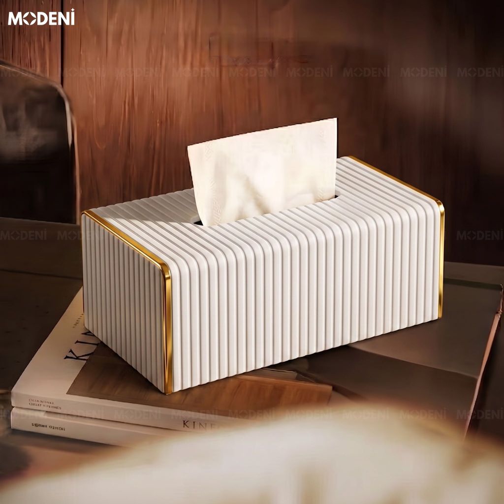 Hộp Khăn Sofie Nordic White – Da PU Vân Sọc, Nắp Trượt Viền Mạ Vàng Ánh Kim