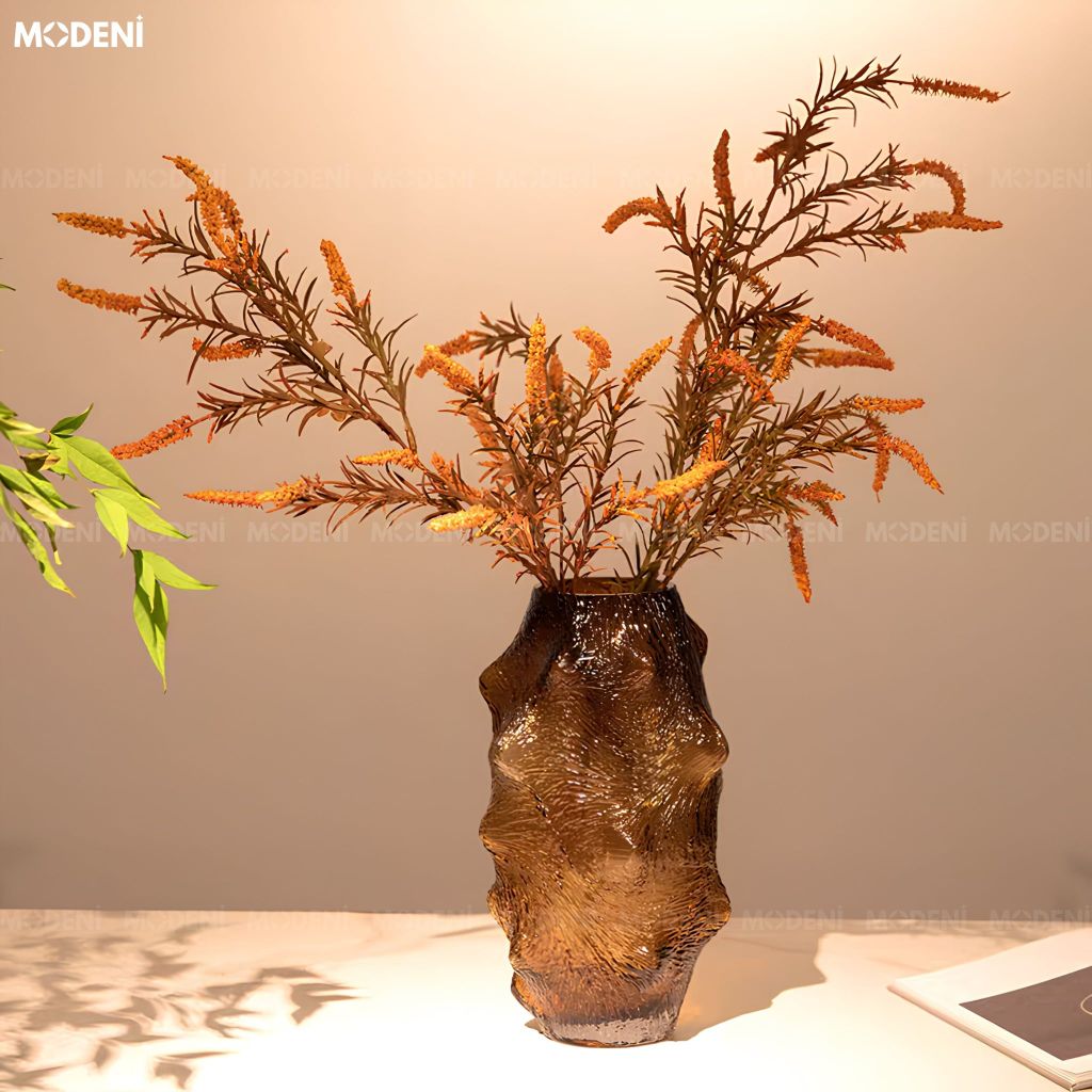 Bình Hoa Amber Rock Thủy Tinh Chế Tác Thủ Công Nâu Hổ Phách Phong Cách Ý Đương Đại