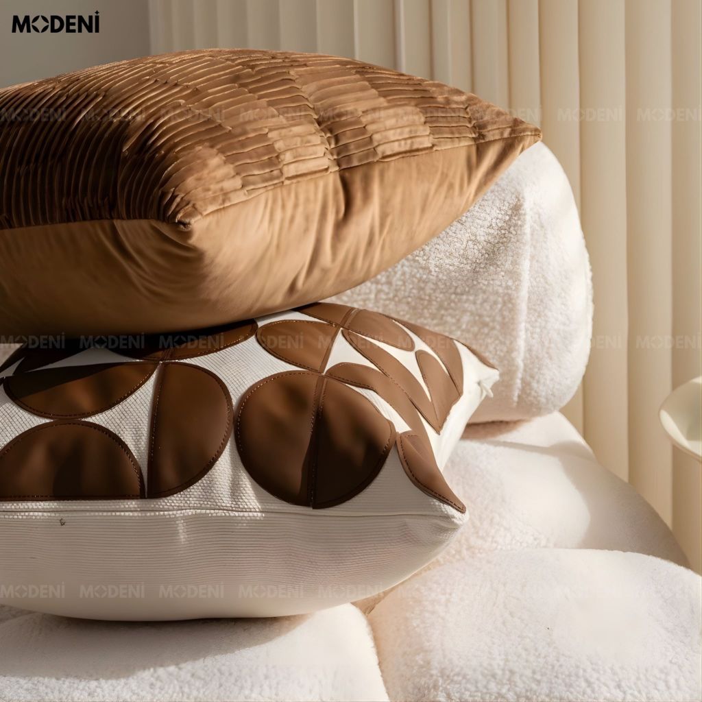 Vỏ Gối Sofa Velo – Da Phối Lanh Họa Tiết Khối Đối Xứng May Bán Nguyệt Phong Cách Funky