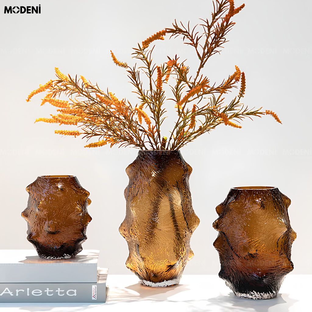 Bình Hoa Amber Rock Thủy Tinh Chế Tác Thủ Công Nâu Hổ Phách Phong Cách Ý Đương Đại