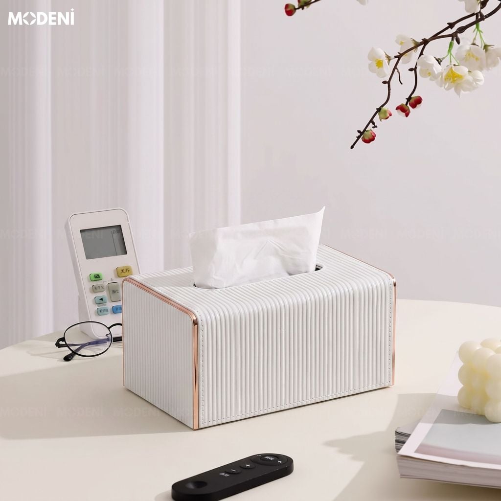 Hộp Khăn Sofie Nordic White – Da PU Vân Sọc, Nắp Trượt Viền Mạ Vàng Ánh Kim