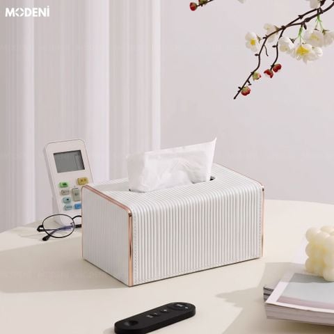 Hộp Khăn Sofie Nordic White – Da PU Vân Sọc, Nắp Trượt Viền Mạ Vàng Ánh Kim 