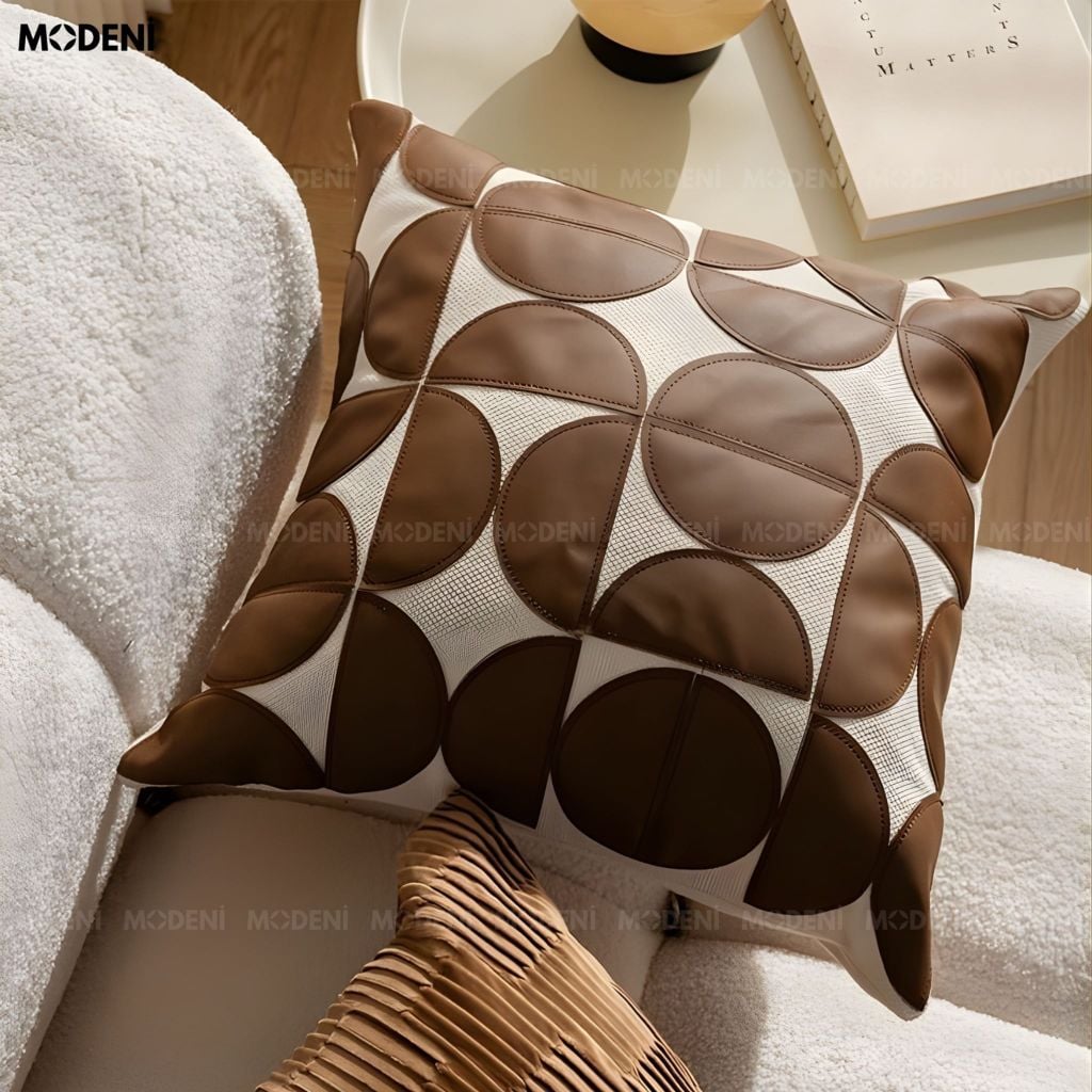 Vỏ Gối Sofa Velo – Da Phối Lanh Họa Tiết Khối Đối Xứng May Bán Nguyệt Phong Cách Funky