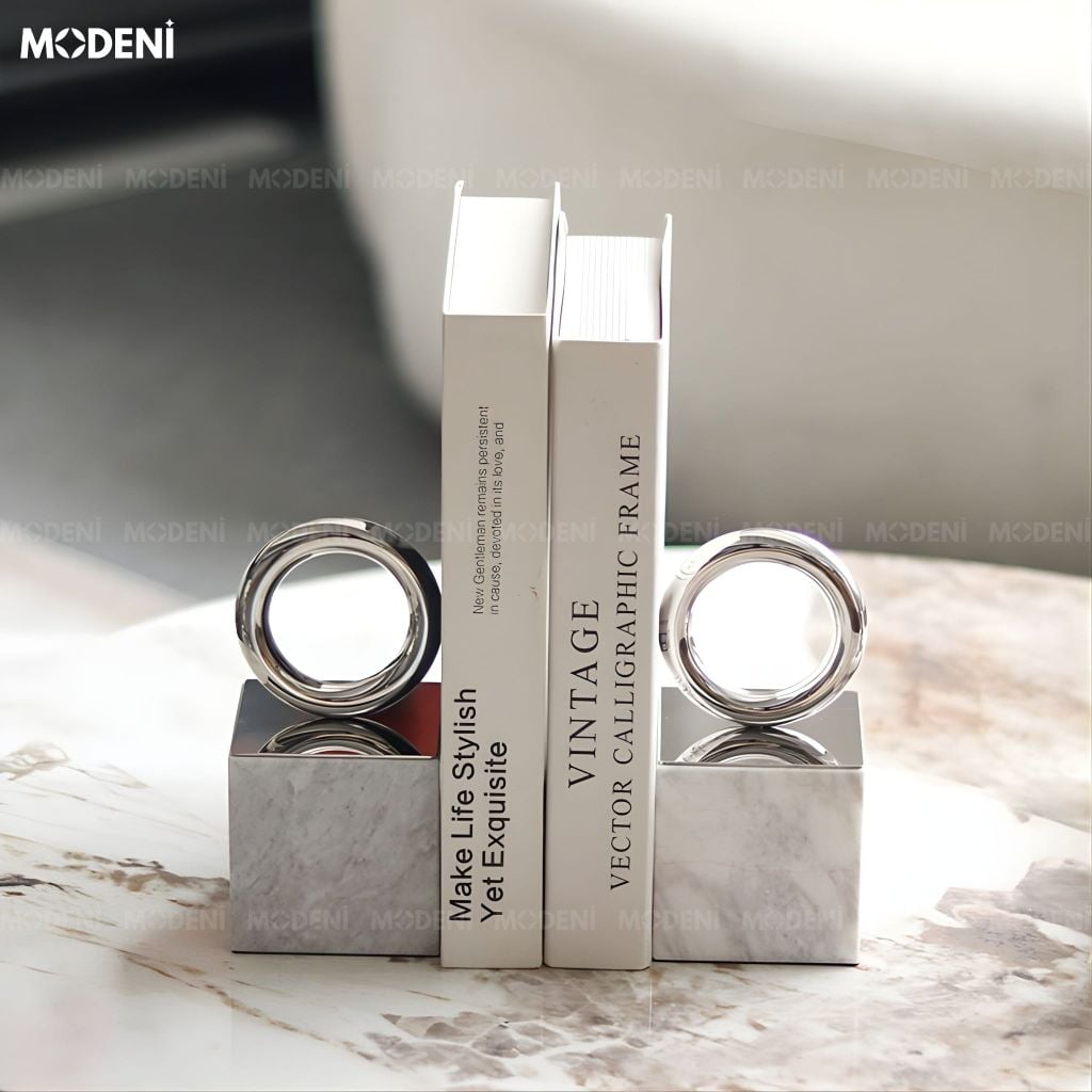 Chặn Sách & Tượng Orbit Decor Cao Cấp - Vòng Tròn Kim Loại Đế Đá Cảm Thạch Trang Trí Bàn Làm Việc Kệ Tủ Sang Trọng Hiện Đại