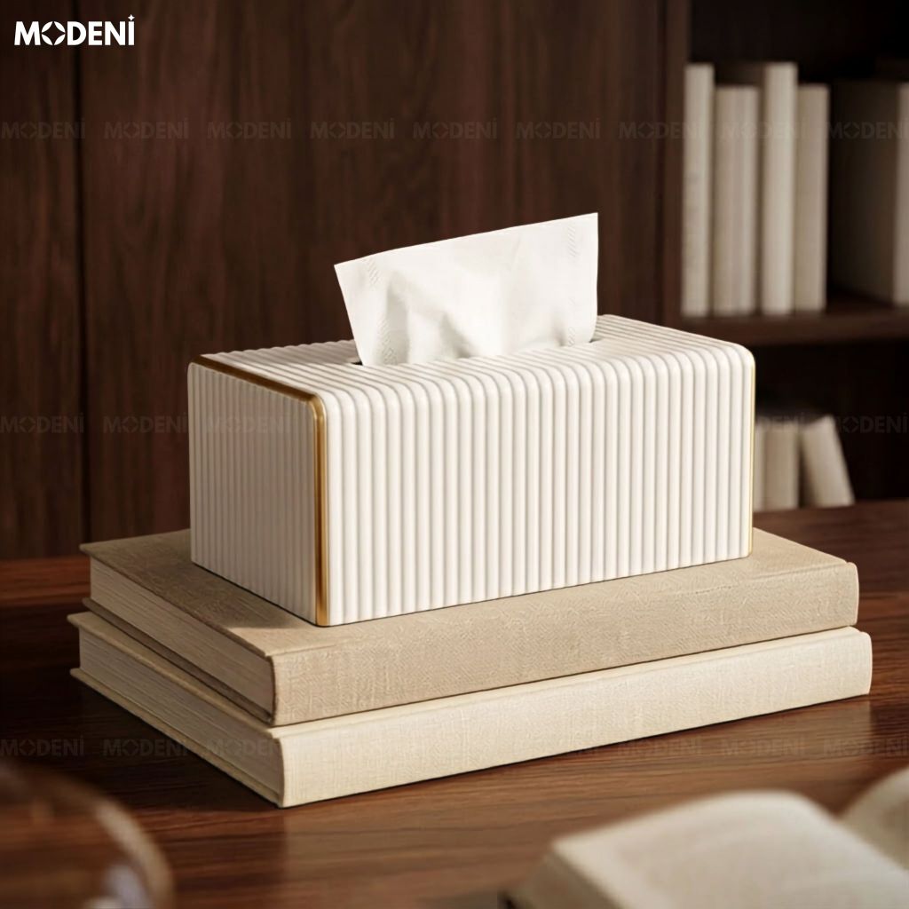 Hộp Khăn Sofie Nordic White – Da PU Vân Sọc, Nắp Trượt Viền Mạ Vàng Ánh Kim