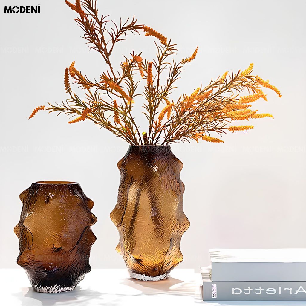 Bình Hoa Amber Rock Thủy Tinh Chế Tác Thủ Công Nâu Hổ Phách Phong Cách Ý Đương Đại