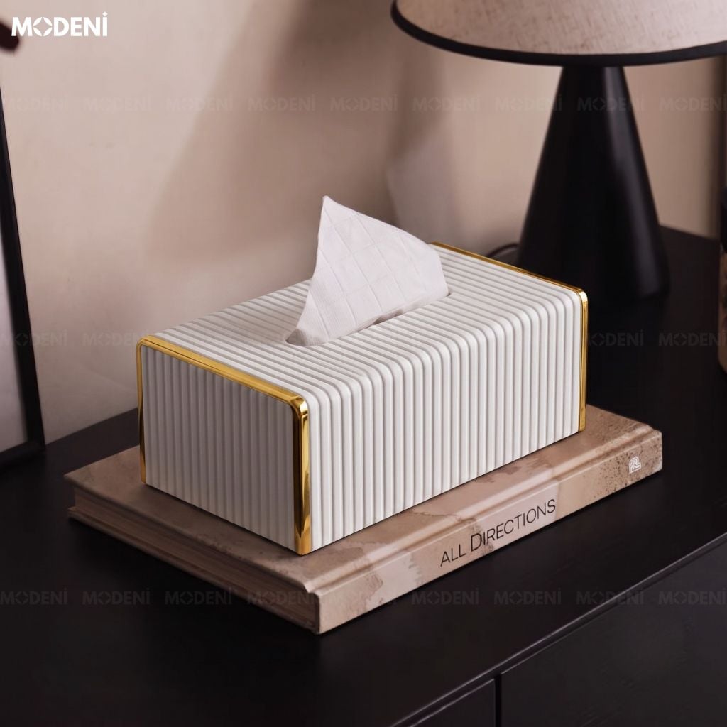 Hộp Khăn Sofie Nordic White – Da PU Vân Sọc, Nắp Trượt Viền Mạ Vàng Ánh Kim