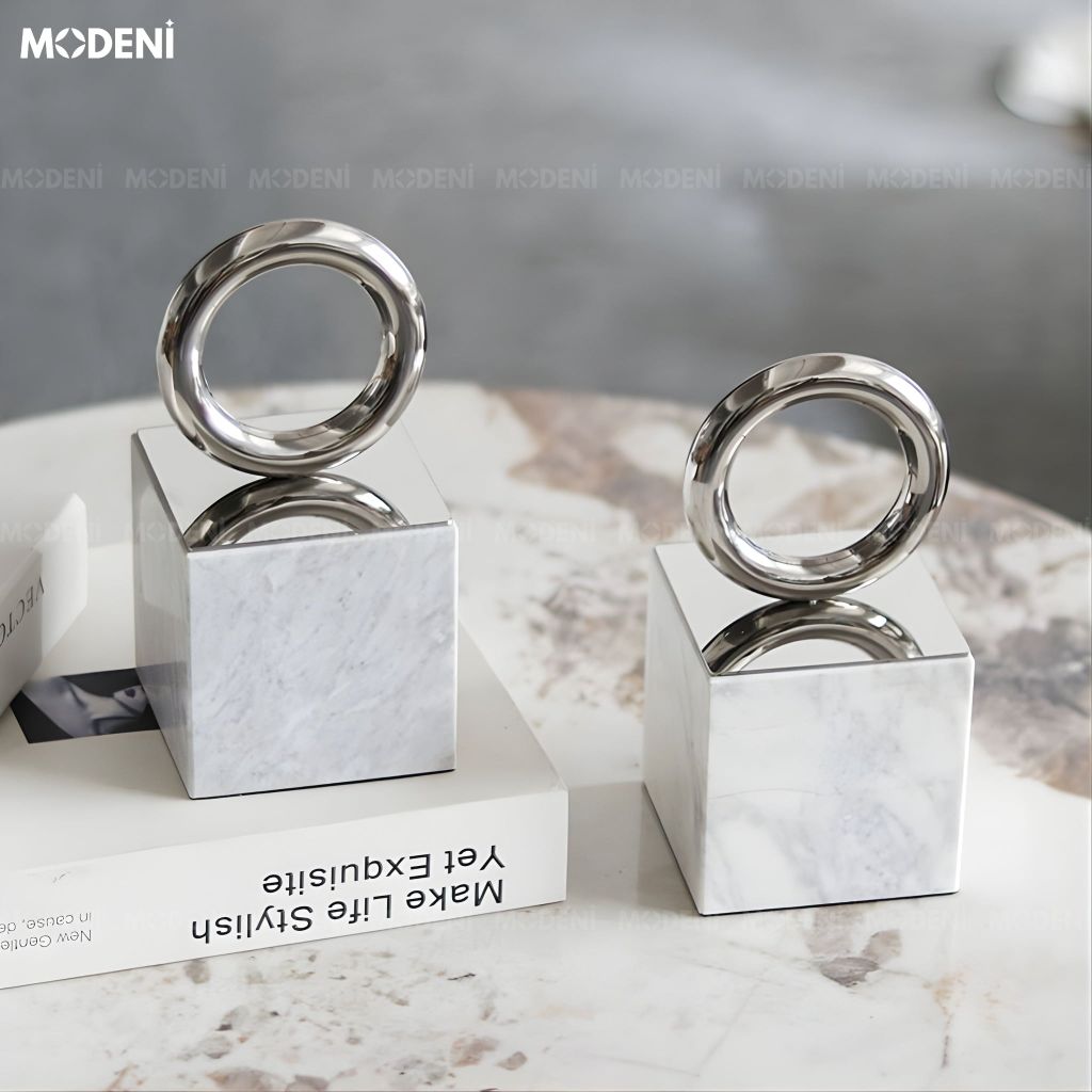 Chặn Sách & Tượng Orbit Decor Cao Cấp - Vòng Tròn Kim Loại Đế Đá Cảm Thạch Trang Trí Bàn Làm Việc Kệ Tủ Sang Trọng Hiện Đại