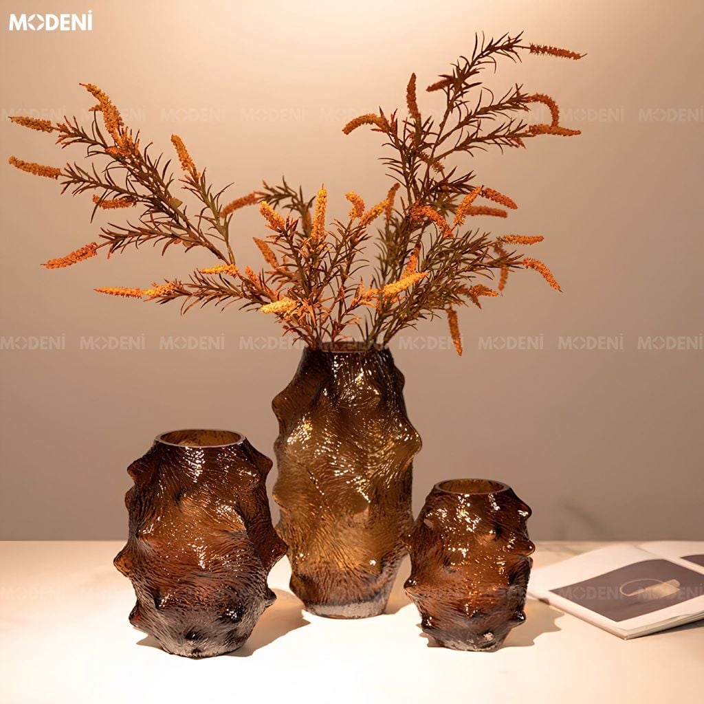 Bình Hoa Amber Rock Thủy Tinh Chế Tác Thủ Công Nâu Hổ Phách Phong Cách Ý Đương Đại