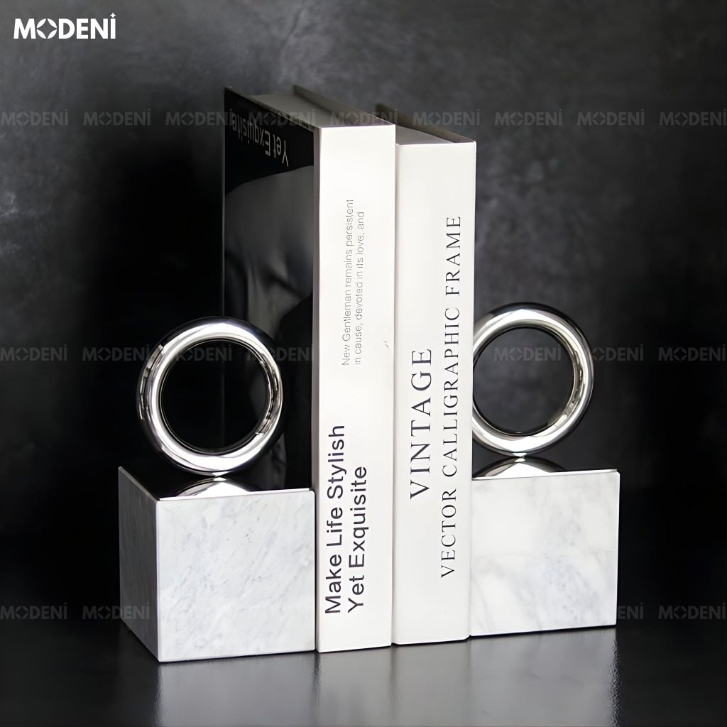 Chặn Sách & Tượng Orbit Decor Cao Cấp - Vòng Tròn Kim Loại Đế Đá Cảm Thạch Trang Trí Bàn Làm Việc Kệ Tủ Sang Trọng Hiện Đại