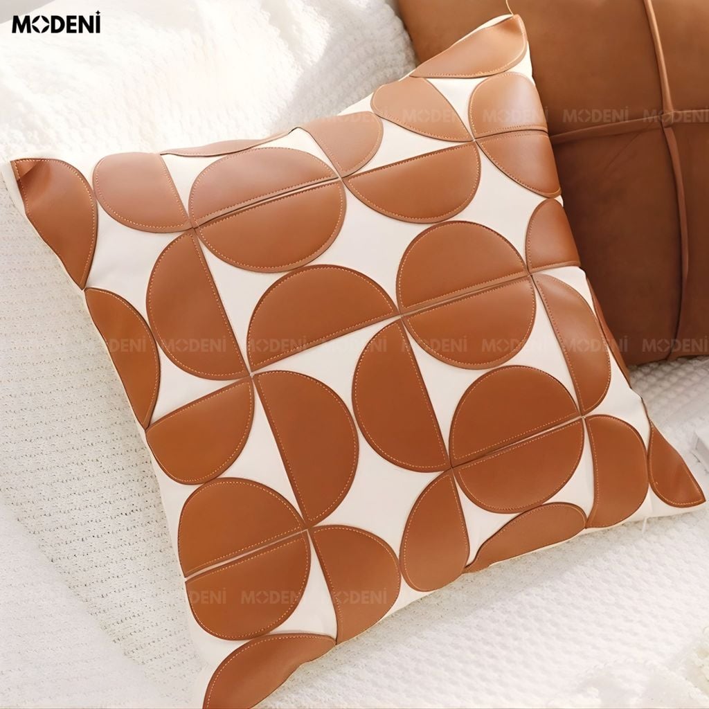 Vỏ Gối Sofa Velo – Da Phối Lanh Họa Tiết Khối Đối Xứng May Bán Nguyệt Phong Cách Funky