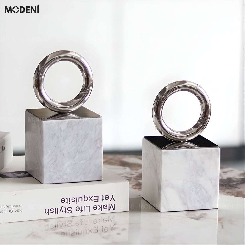 Chặn Sách & Tượng Orbit Decor Cao Cấp - Vòng Tròn Kim Loại Đế Đá Cảm Thạch Trang Trí Bàn Làm Việc Kệ Tủ Sang Trọng Hiện Đại