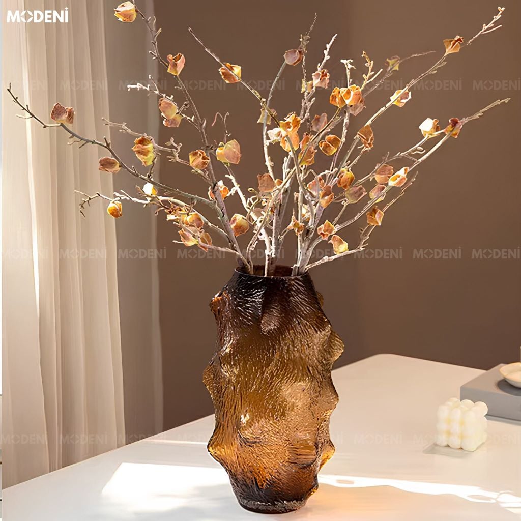 Bình Hoa Amber Rock Thủy Tinh Chế Tác Thủ Công Nâu Hổ Phách Phong Cách Ý Đương Đại