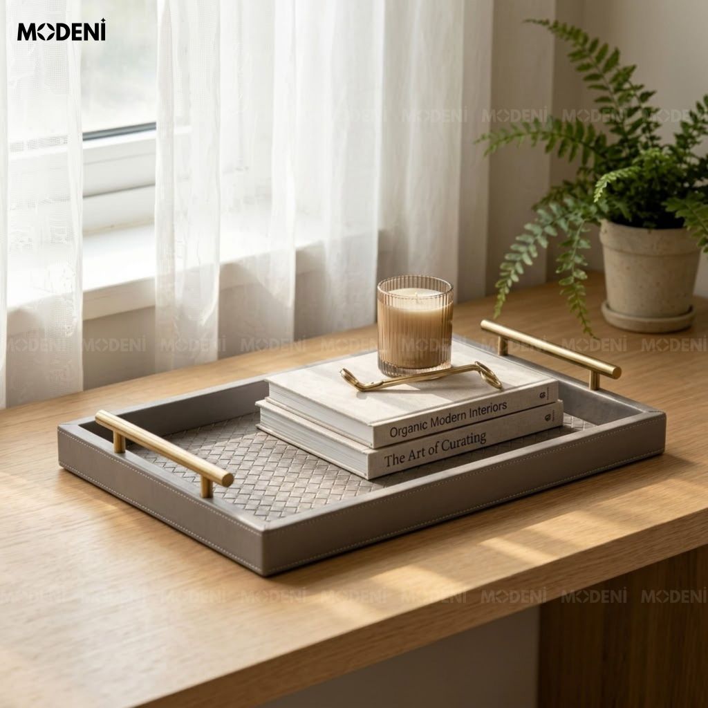 Khay Trang Trí Maroni Xám Bọc Da PU Cao Cấp Tay Cầm Mạ Vàng Sang Trọng Cho Bàn Sofa