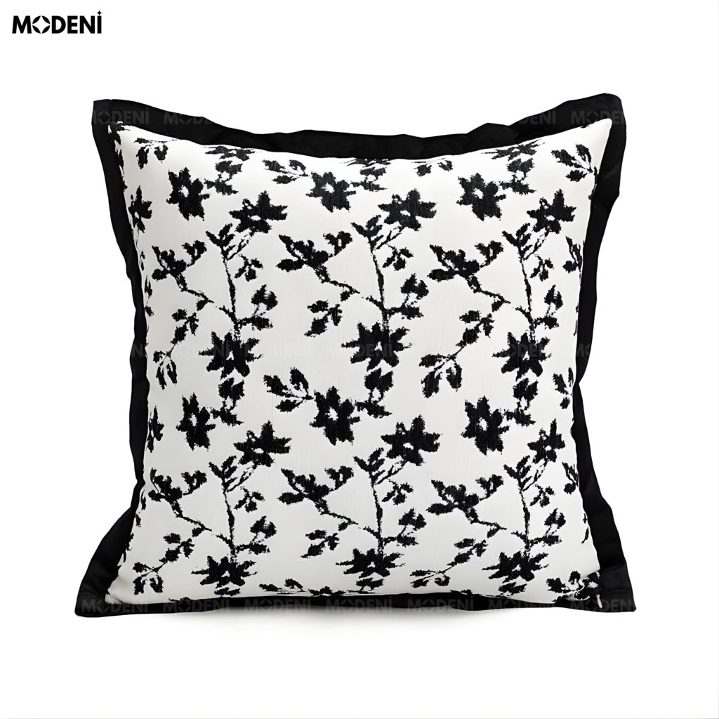 Vỏ Gối Sofa Inklace – Vải Jacquard Phối Nhung Họa Tiết Hoa Đen May Viền Cổ Điển