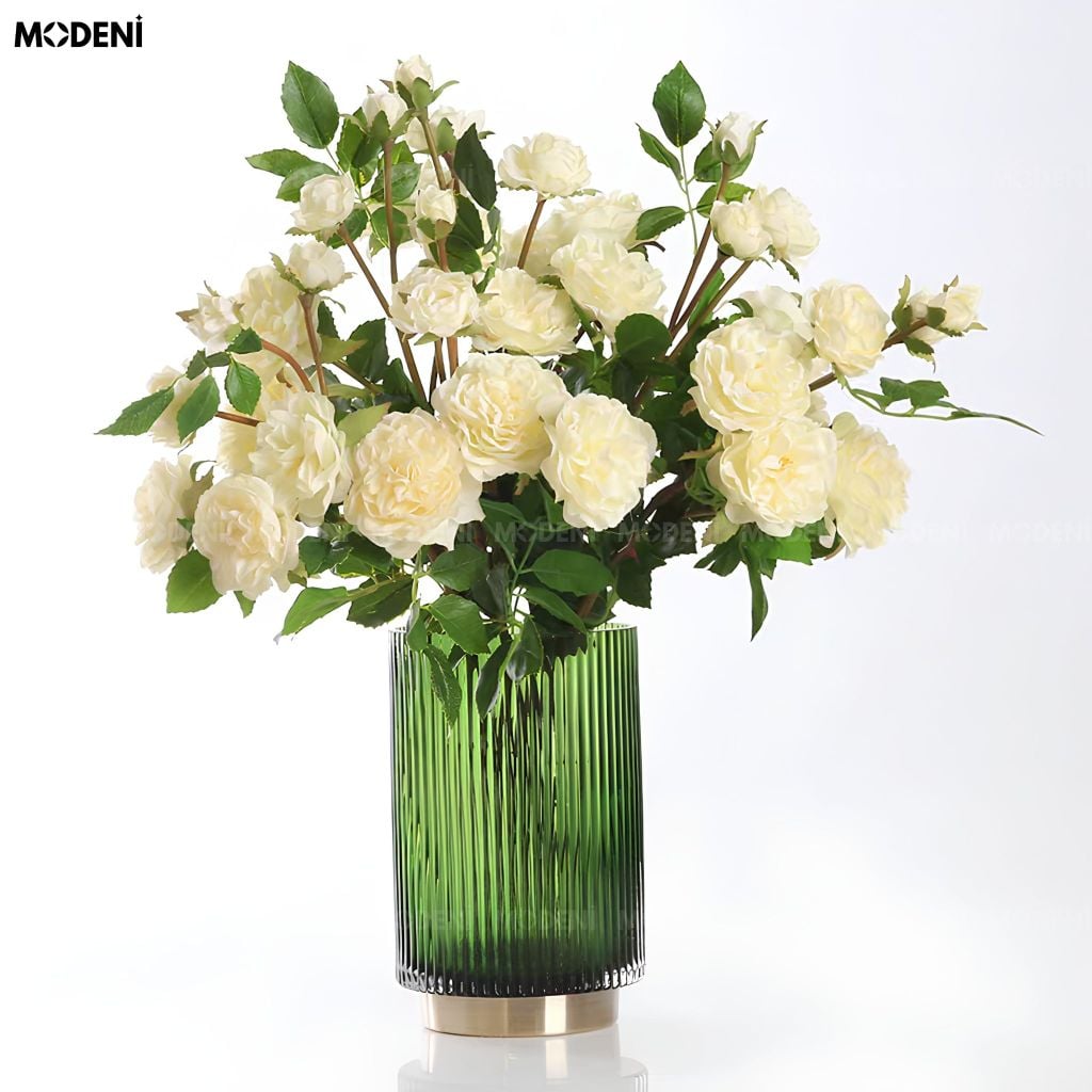 Bình Hoa Emerald Ribbed Thủy Tinh Sọc Gân Đế Mạ Vàng Xanh Lục Bảo Phong Cách Châu Âu