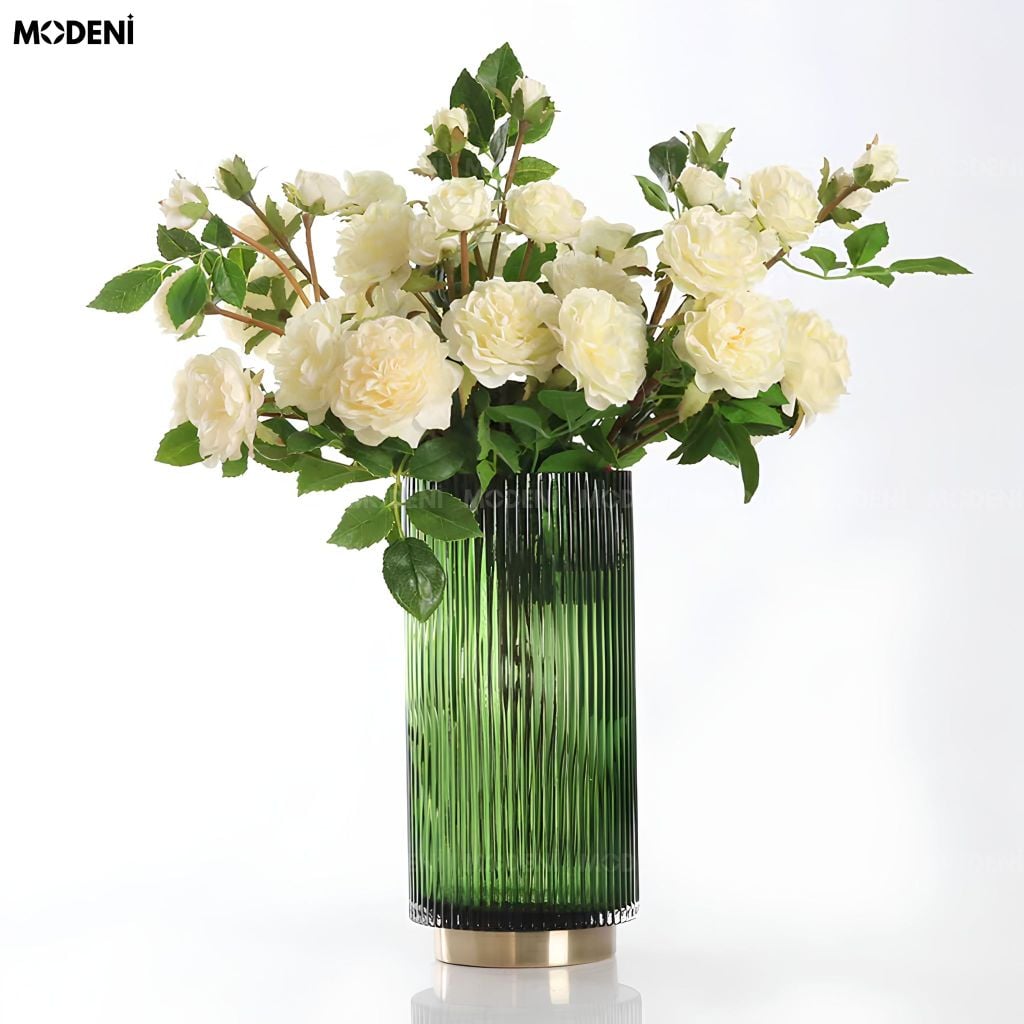 Bình Hoa Emerald Ribbed Thủy Tinh Sọc Gân Đế Mạ Vàng Xanh Lục Bảo Phong Cách Châu Âu