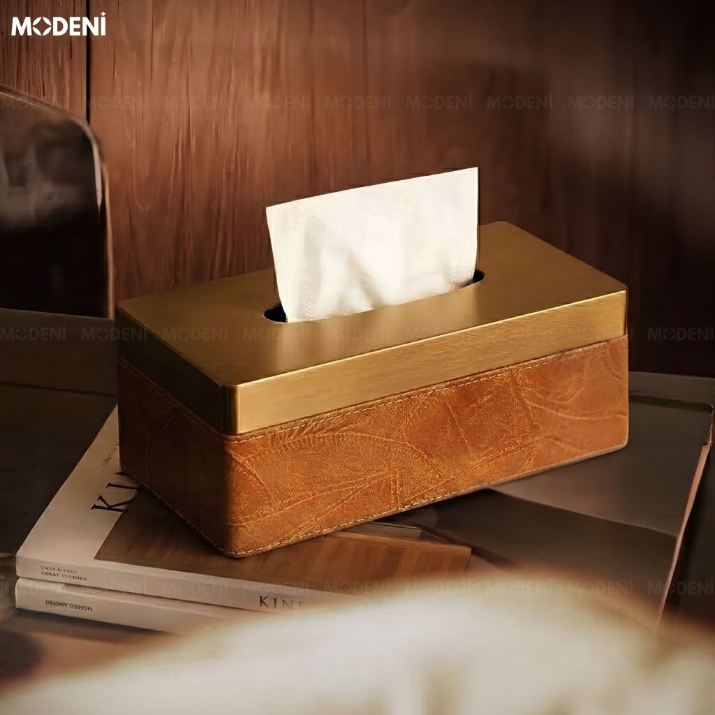 Hộp Khăn Giấy Tangeri Da PU Vân Nổi Cao Cấp Phối Kim Loại Champagne Gold Sang Trọng Hiện Đại Cho Phòng Ngủ Và Bàn Ăn